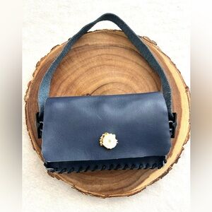 One of a Kind Handcrafted Navy Leather Deer Antler Shoulder Bag Western Cowboy